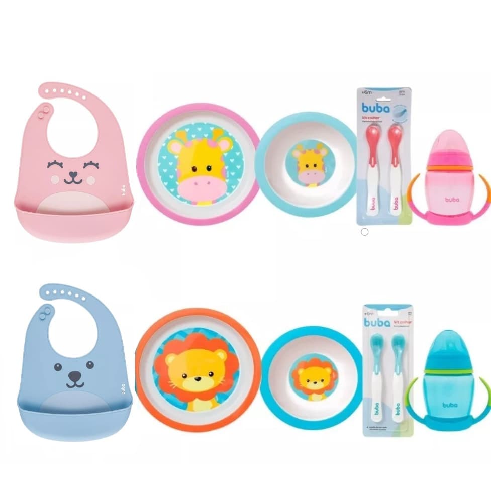 Kit Introdução Alimentar Buba Alimentação Prato Raso Prato Bowl Babador em Silicone Colheres termossensíveis Copo Alça