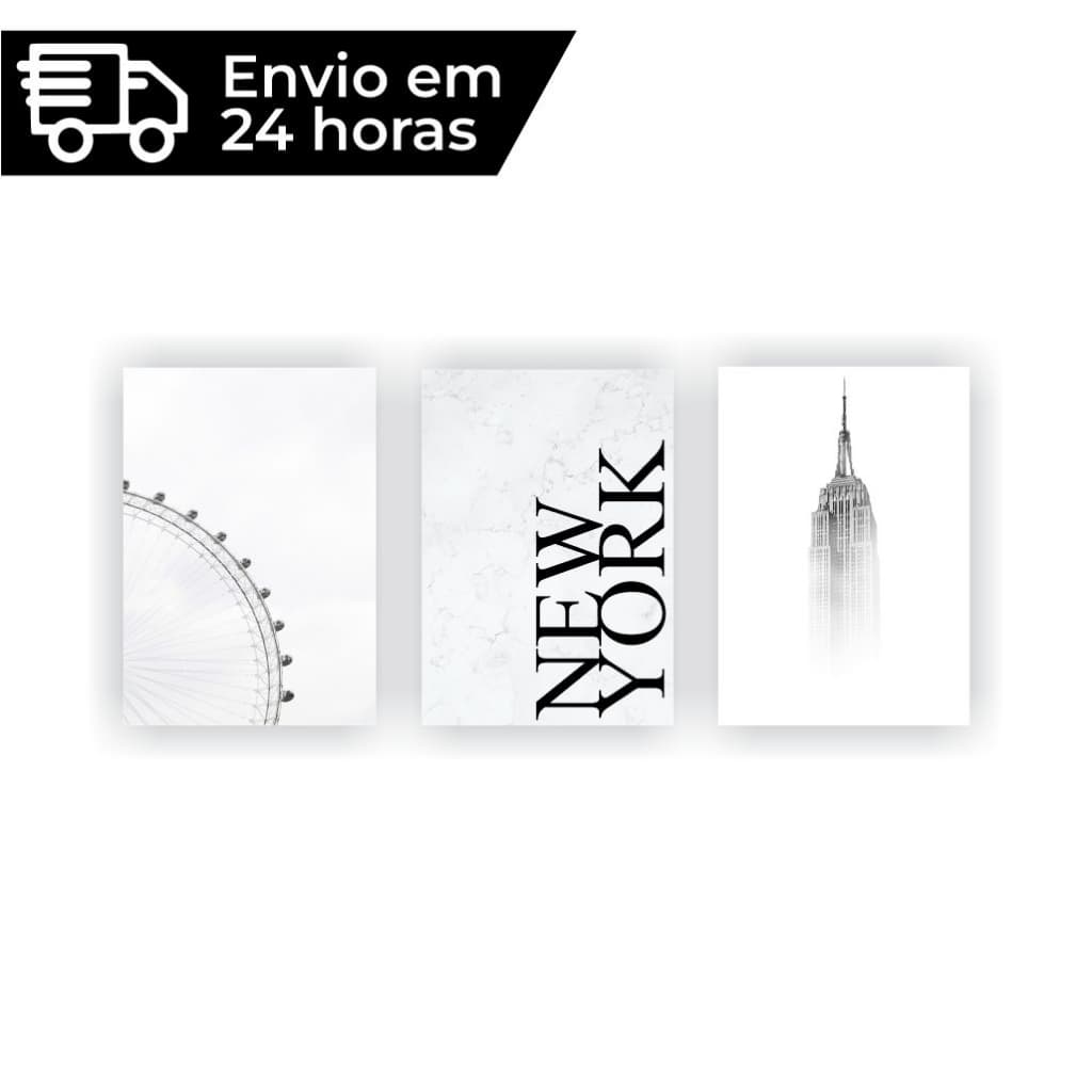 QUADRO DECORATIVO 3 TELAS NOVA YORK PRETO E BRANCO ELEGANTE