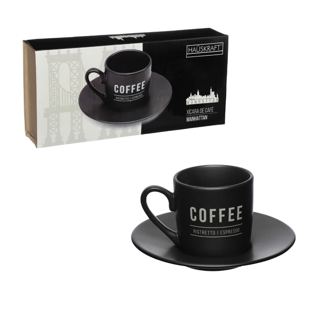 Jogo C/12 peças Xícaras c/pires Café Porcelana 90ml Manhattan Preto - Hauskraft