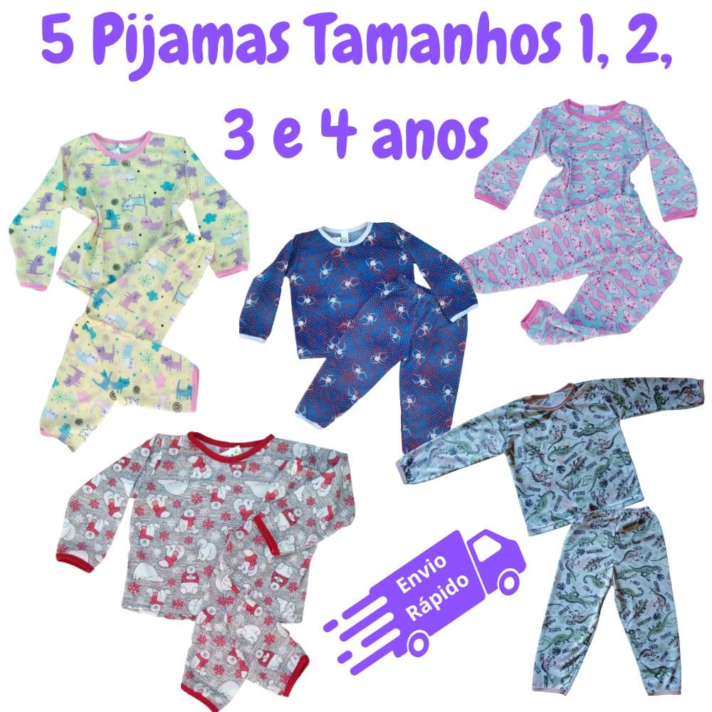 5 Pijama Infantil Manga Longa Kit 5 unidades Malha PV - Não desbota 1 ao 10 Anos