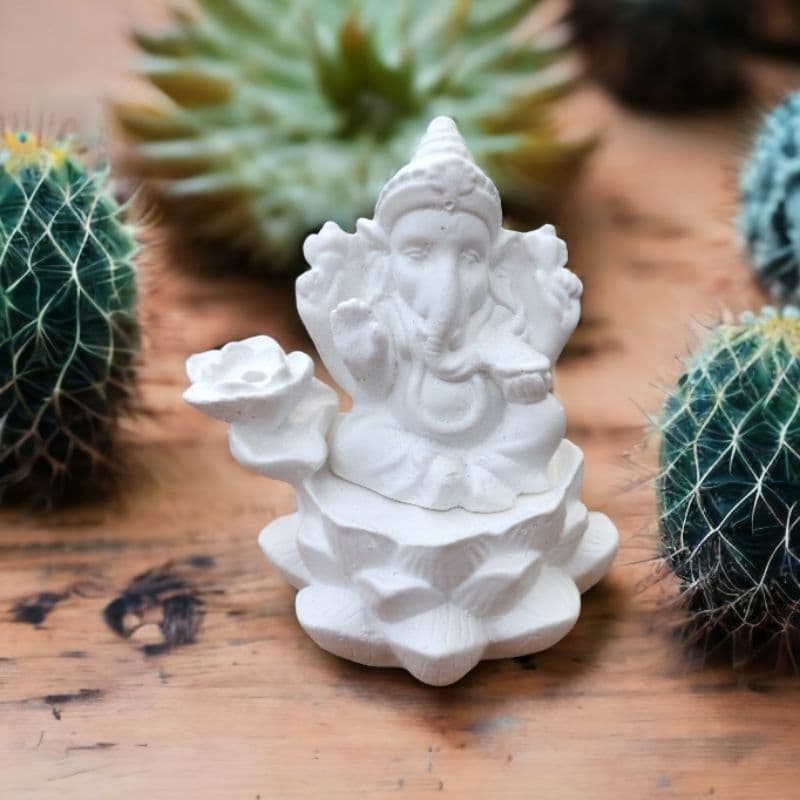 Incensario com Ganesha em gesso e Pintado, para Incenso Vareta ou Cone