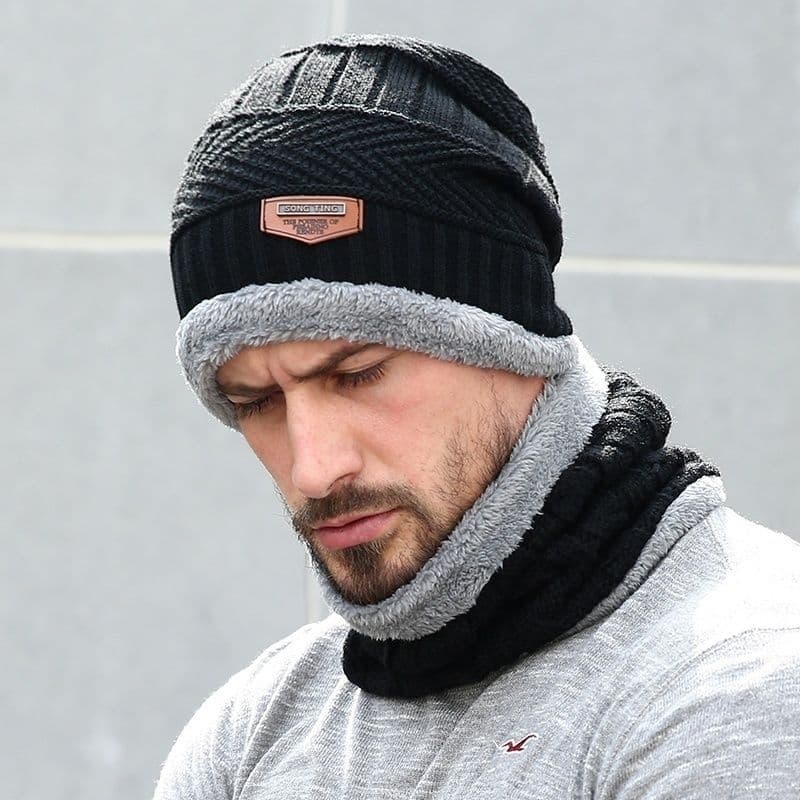 Chapéu / Gorro Masculino De Lã Quente Com Viseira E Aba Para Inverno Conjunto De