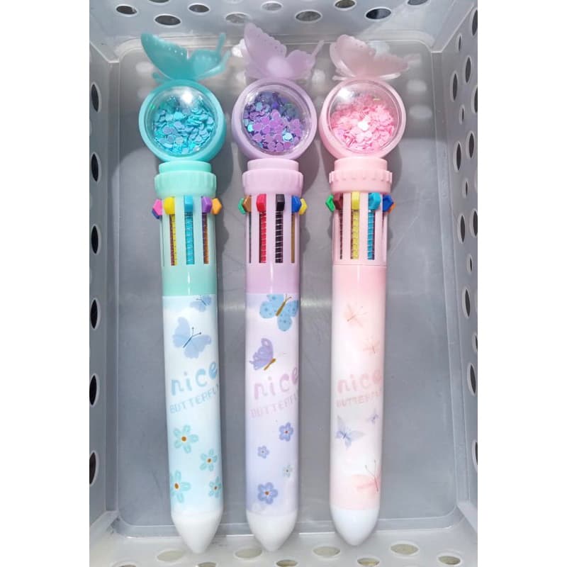CANETA 10 cores esferográfica “ com borboleta glitter e coração “ Caneta fofa retro kawaii