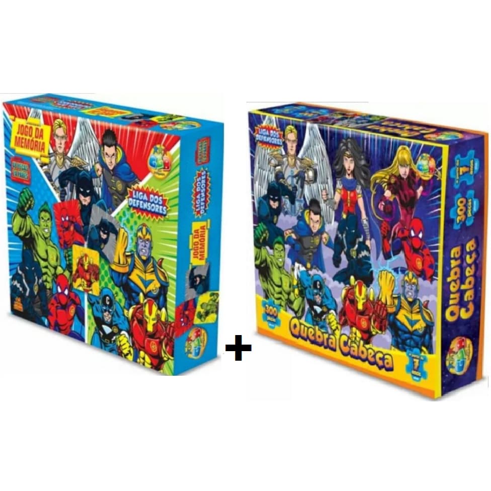 2 Jog Quebra Cabeça Liga dos Defensores 300 pcs + Memória Defensores 48 pcs Brinquedo para o dia das Crianças Presente cognitivo para alfabetização Estimula o interesse pela matematica Auxilia o aprendizado de forma lúdica aprendizado