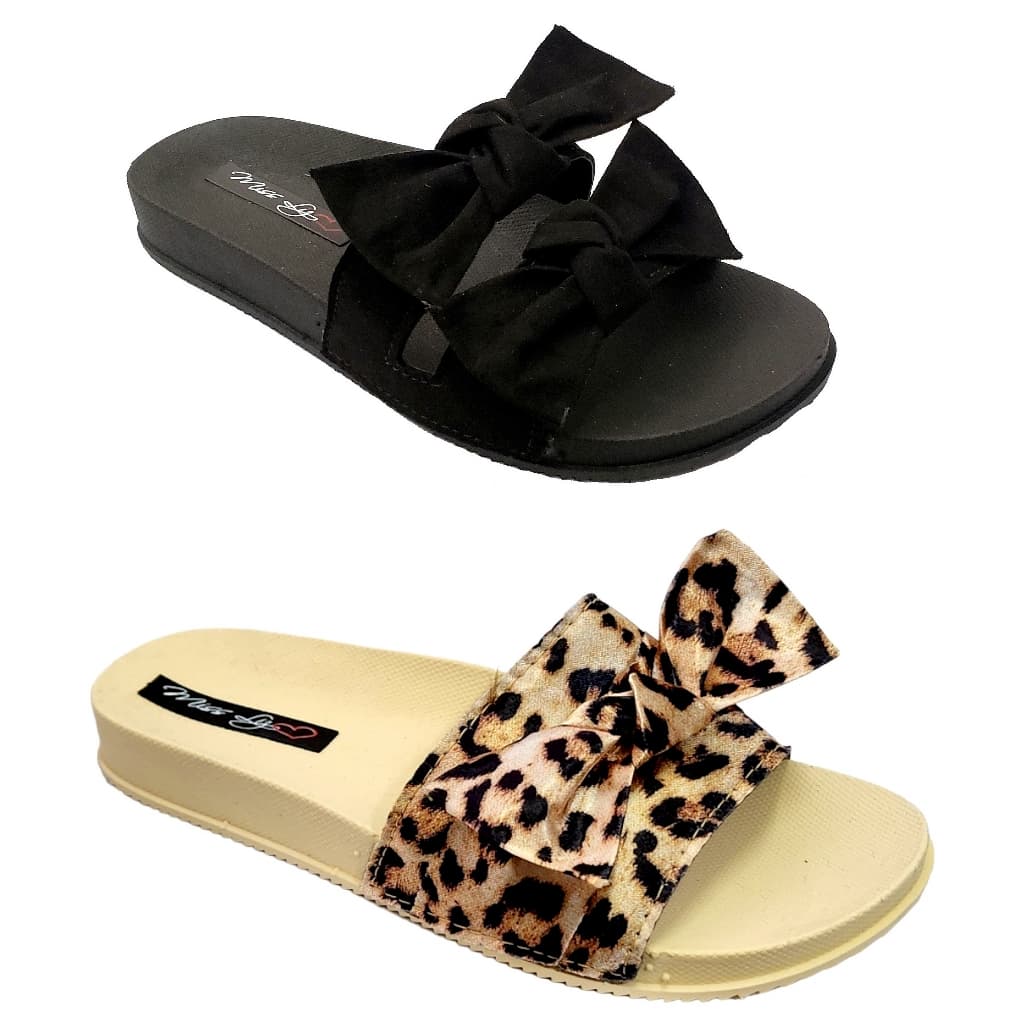 Kit 2 Pares Sandália Adulto Feminino Slide Dois Laços + Chinelo Adulto Menina Slide Pala Um Laço