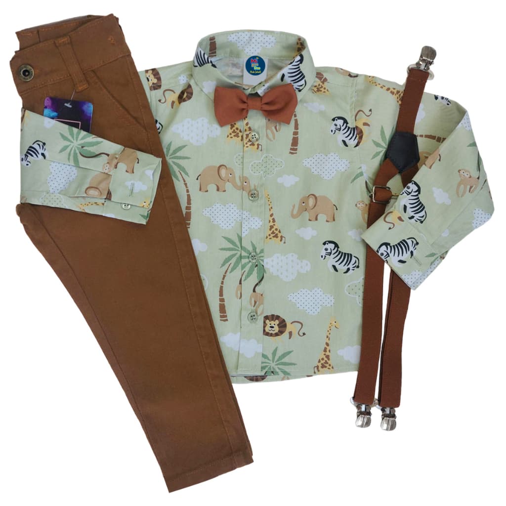 Conjunto Camisa Manga Longa Safari Inverno Calça Gravata e Suspensorio
