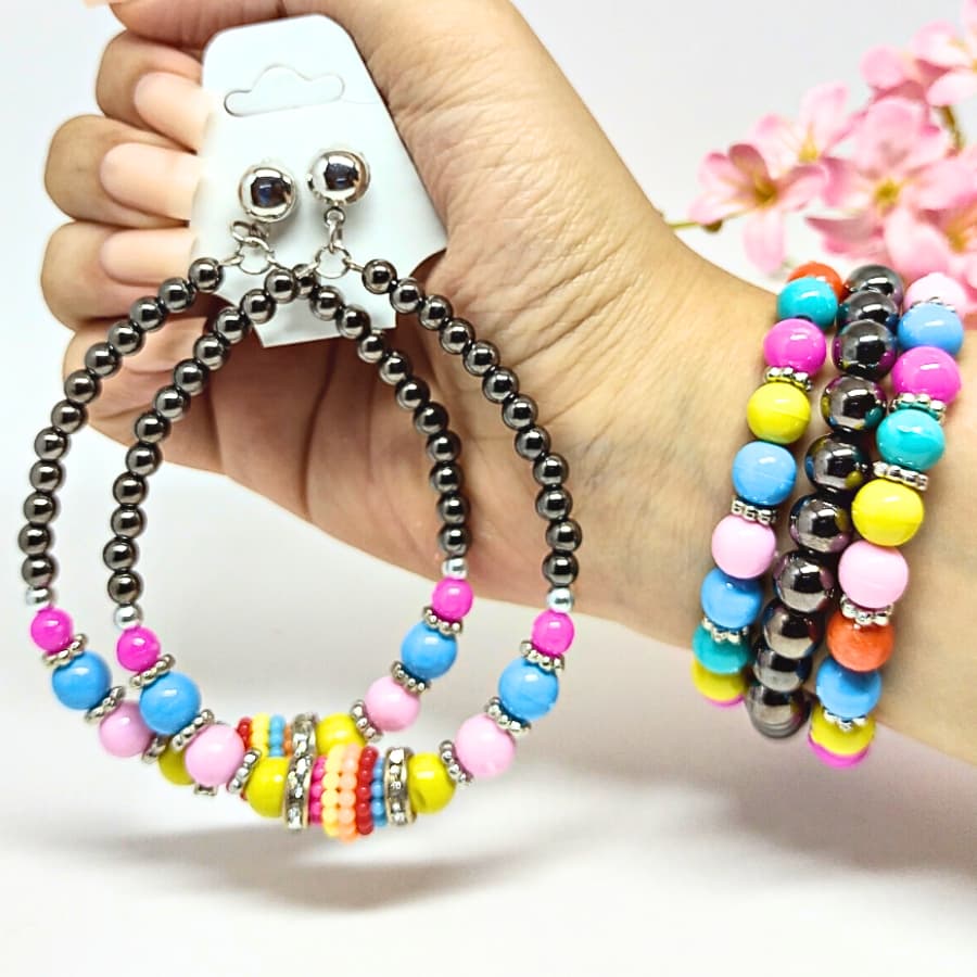 Conjunto Brinco e Pulseira Grafite com Contas Coloridas