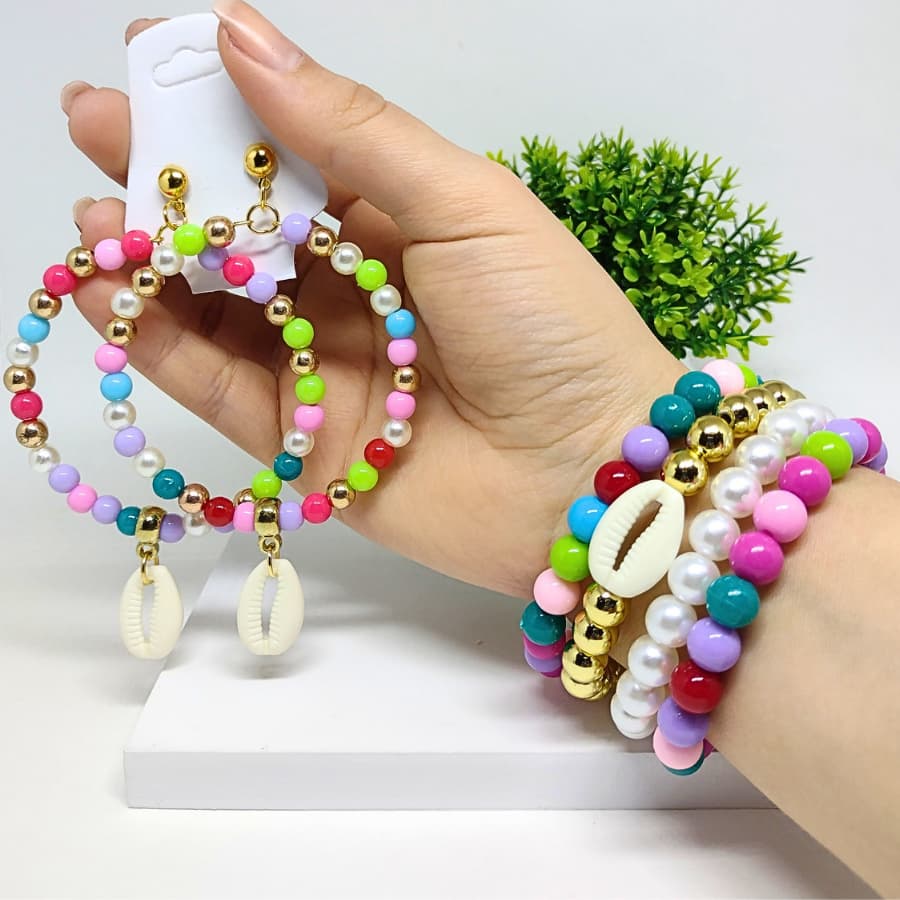 Conjunto Colorido Argola e Pulseiras Búzios