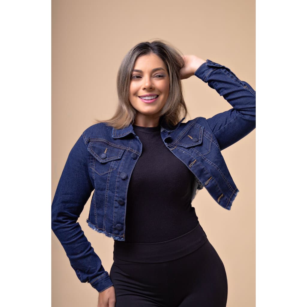 Jaqueta Cropped Jeans Feminina Botão Encapado