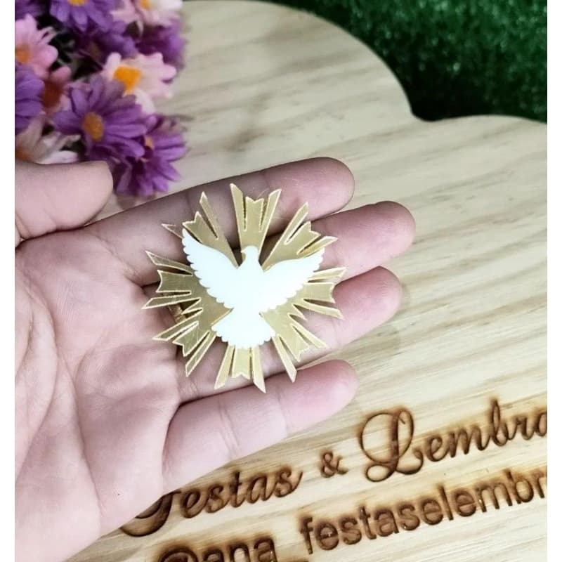 Aplique Batizado Divino espírito santo, acrilico espelhado dourado decoração batizado crisma eucaristia