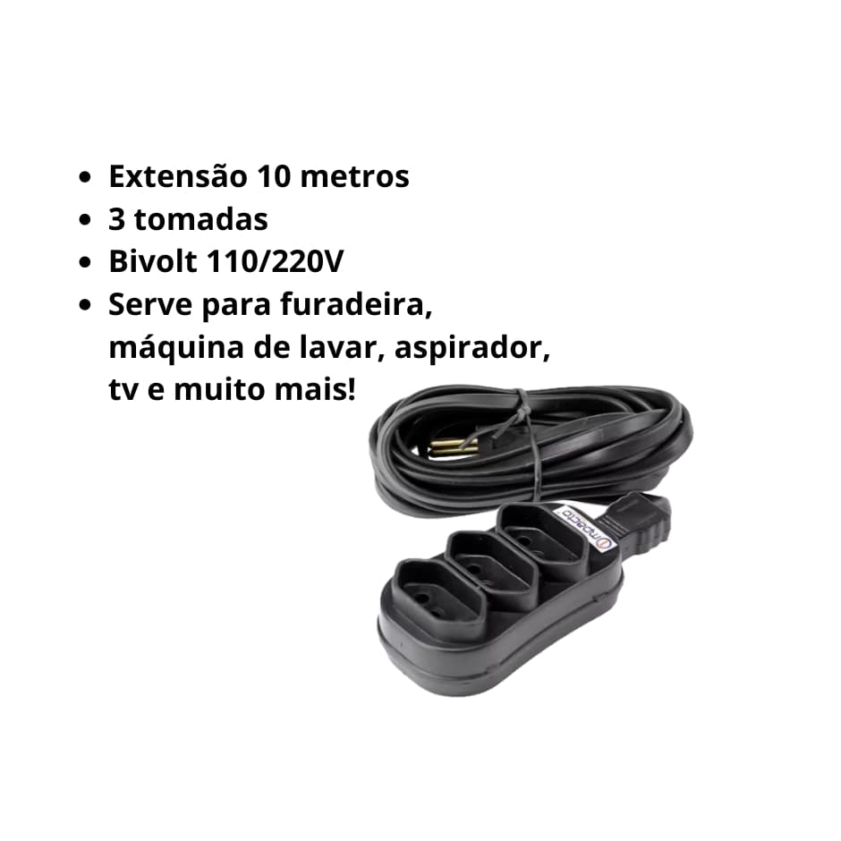 Extensão elétrica Kitec 10 metros 3 Tomadas Bivolt 110V/220V Filtro de Linha