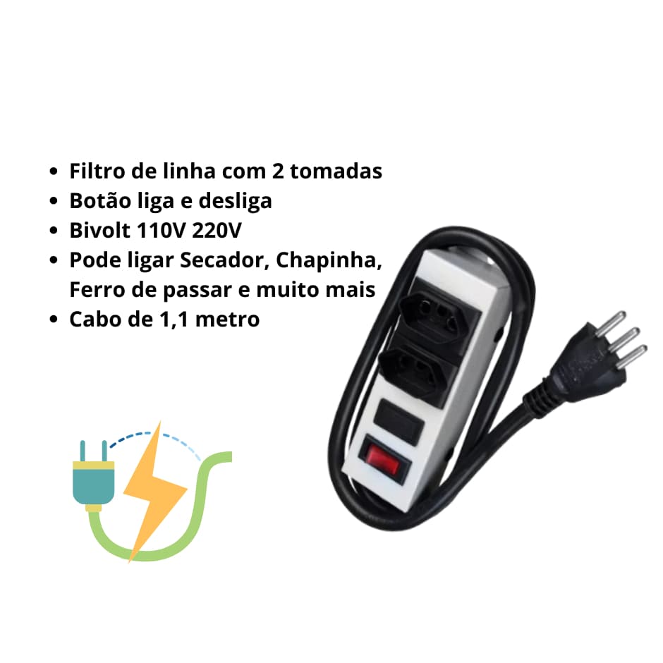 Filtro de Linha Extensão Régua  20A com 2 Tomadas Seu Aliado para Secadores Chapinhas e Climatizadores