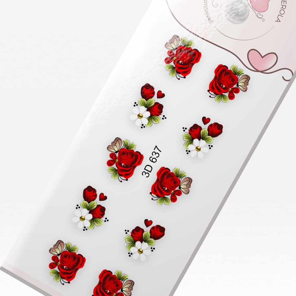 Adesivo de Unha 3D-Flores Vermelhas Carga Dupla-  3D 637