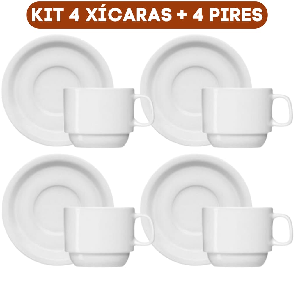 Conjunto 8 PÇS - 4 Xícaras Café Chá Porcelana Branca 200 ML + 4 Pires Porcelana Branco (ENVIO IMEDIATO)