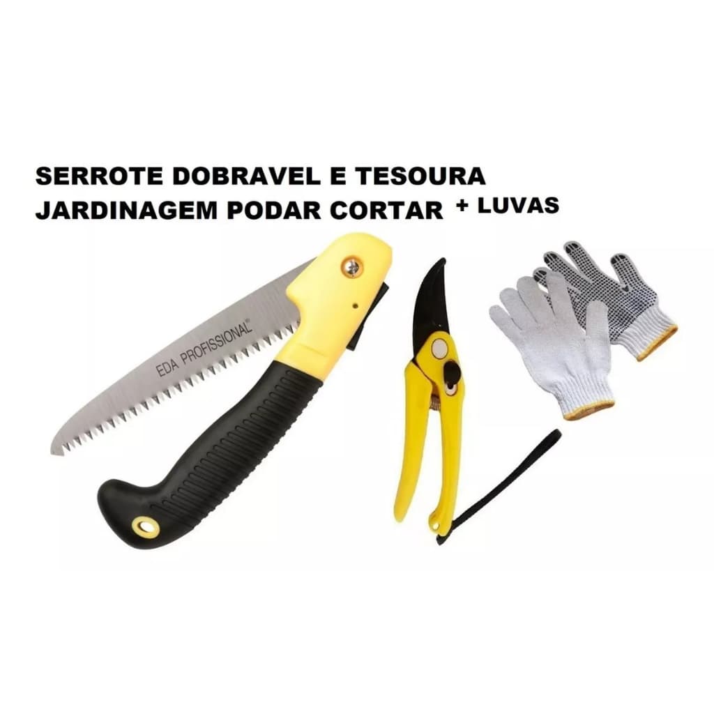 Kit Jardinagem Serrote Dobrável + Tesoura Podar Cortar Luvas