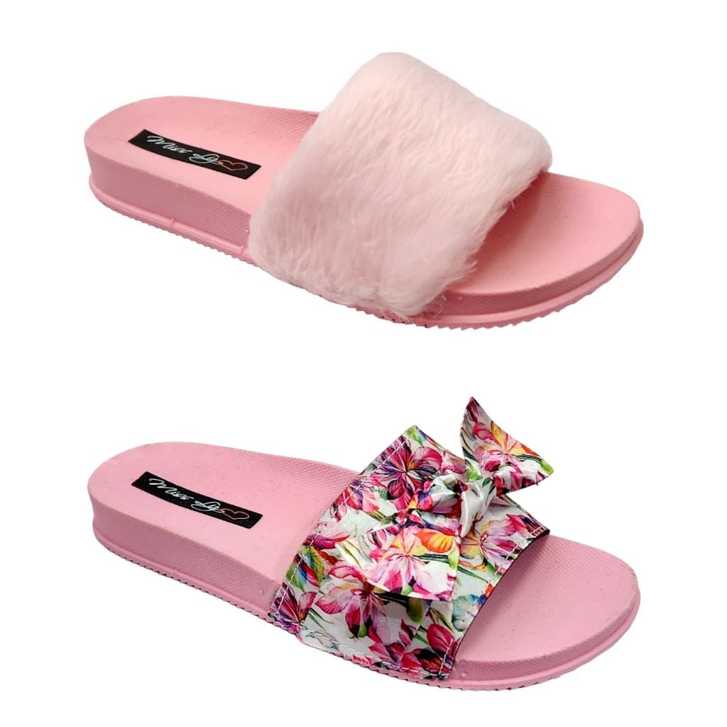 Kit 2 Pares Sandália Adulto Menina Slide Pelucia + Chinelo Adulto Feminino Pala UM Laço