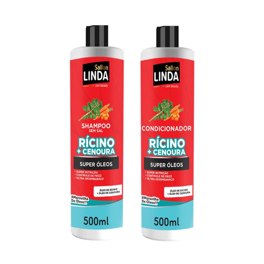 Kit Capilar Rícino + Cenoura Shampoo e Condicionador Sem Sal  500ml Sallon Linda