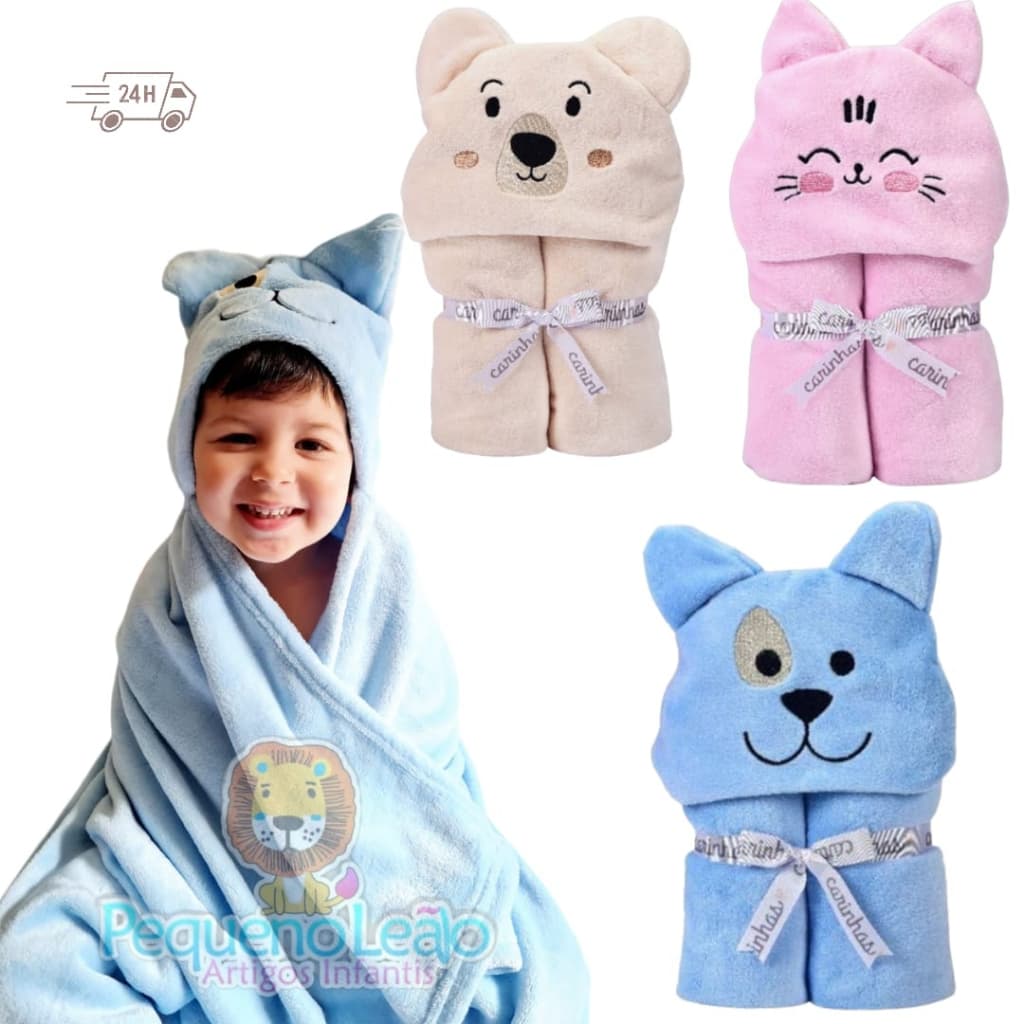 Cobertor Manta Microfibra GRANDE Infantil Com Capuz de Bichinho Macio Para Bebê 1,10 m x 90 cm