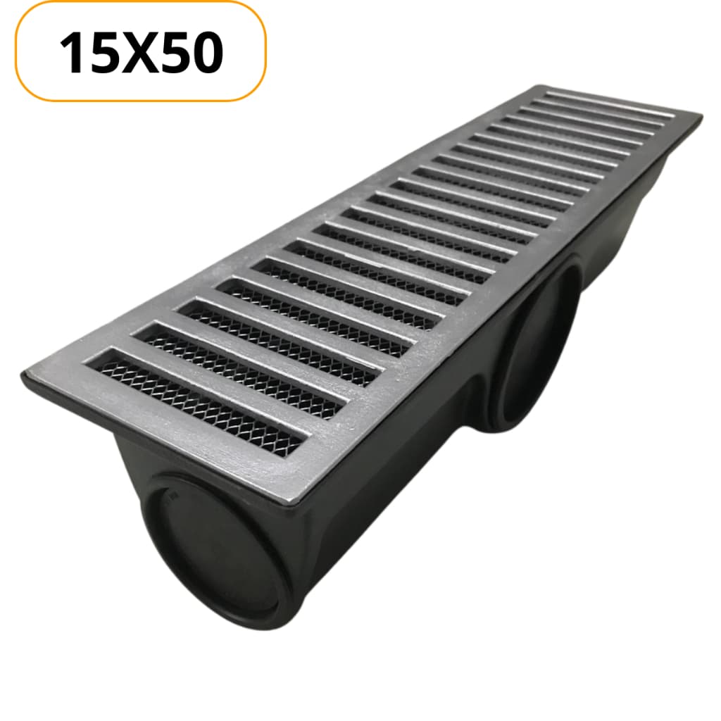 Ralo Linear Continuo Grelha Alumínio Coletor Plástico para Agua Pluvial 15x50 cm Com Caixa Coletora 3 Saídas Com Tela Anti-inseto (15x50cm)