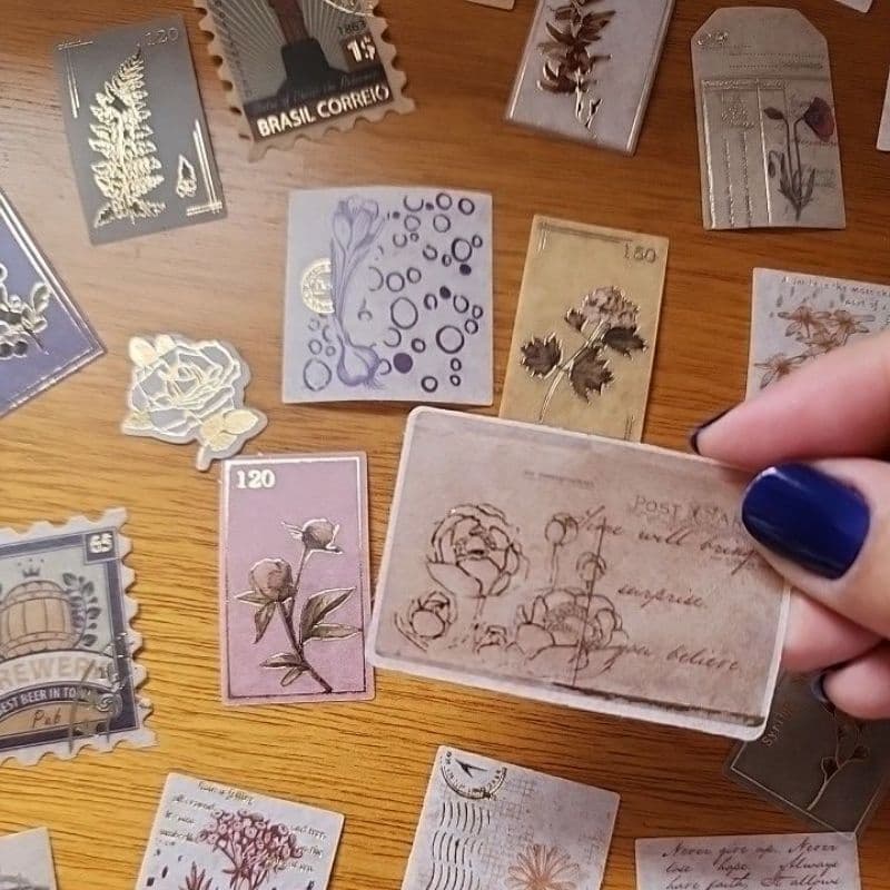 Bronzing Sticker Adesivos detalhes dourados cartas, flores, pássaros Selos de países para Scrapbook