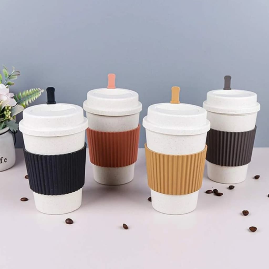 2 Copos Para Café - Em Fiba de Bambu - Com Tampa e Mexedor. Estilo Starbucks - 450ml