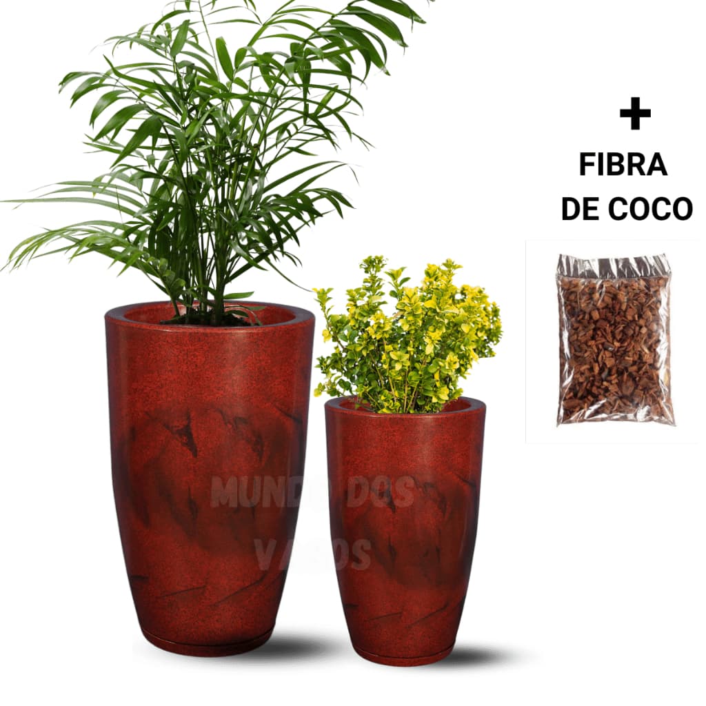 KIT COM DOIS VASOS POLIETILENO REDONDO LISO MARMORIZADO E POLIDO LUXO N01 E N02 COM PRATO