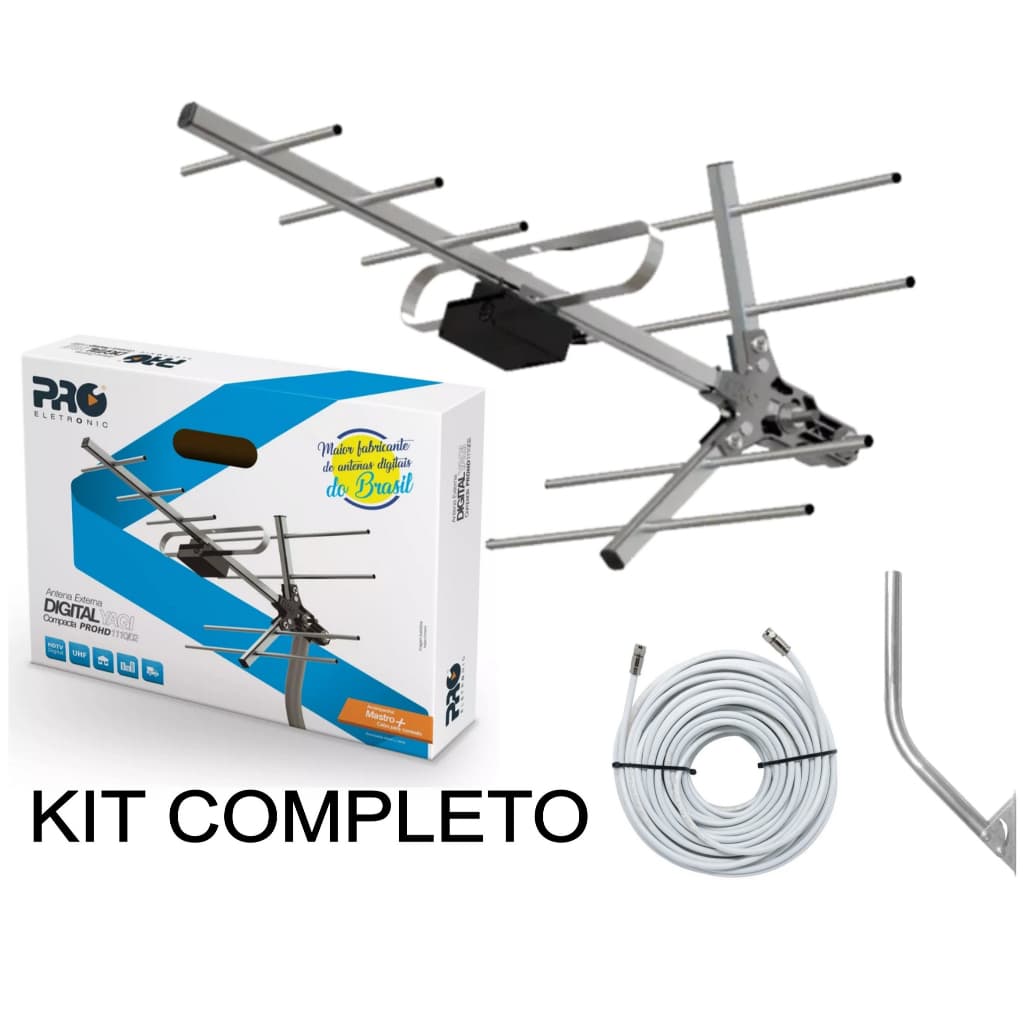 Antena Tv Digital Externa Yagi 4k Alta Ganho 10 Dbi - Proeletronic PROHD-1110 / 02 - Kit Completo