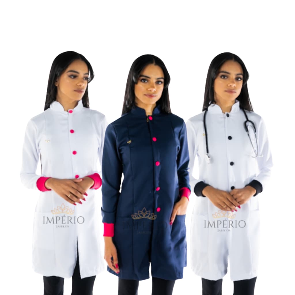 Jaleco Feminino Acinturado Oxford Rubi Branco ou azul com Punho e botão Preto ou vermelho