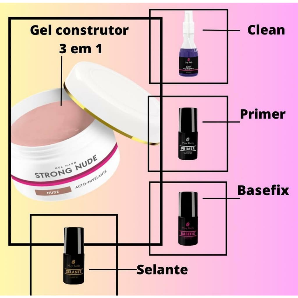 Kit Gel Para Unhas Muy Biela, 1 Gel Construtor, 1 Clean, 1 Primer, 1 Basefix, 1 Selante