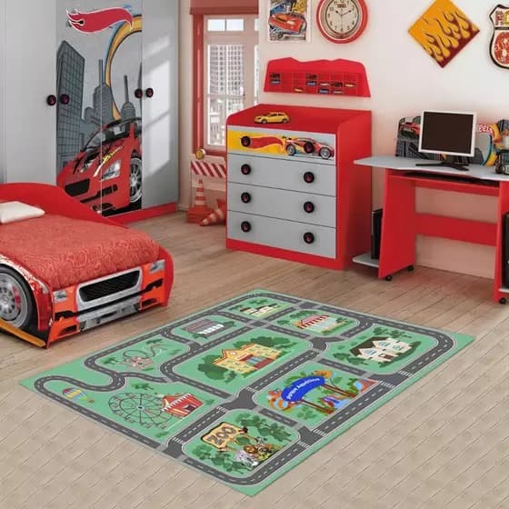 Tapete de Pista Ilustrado verde - PROMOÇÃO - Carrinho Corrida 70x100cm