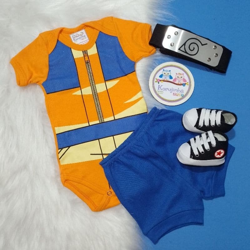 Body Bebê Temático Naruto Uzumaki Fantasia Mesversário Ítens Opcionais