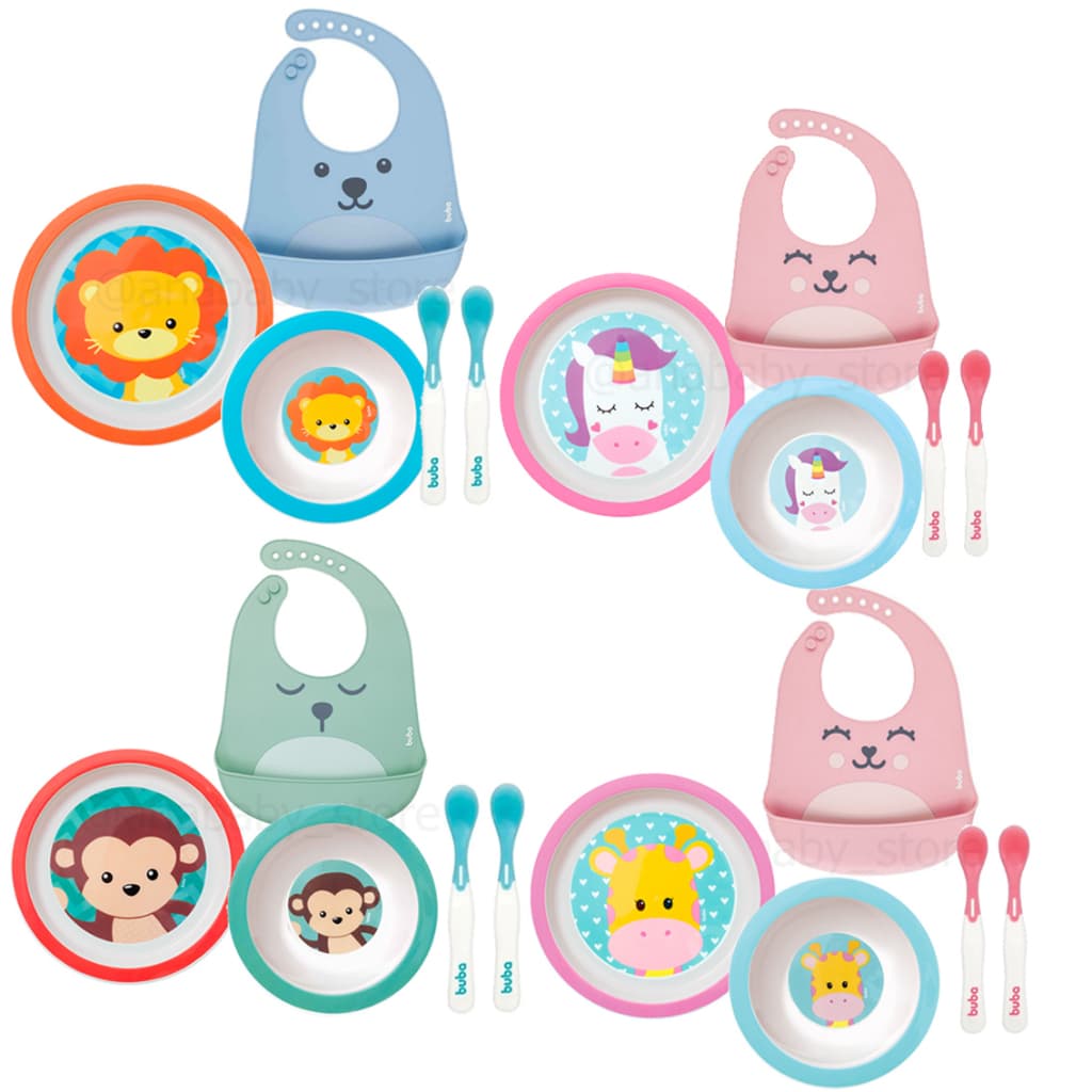 Kit 5 Peças Buba Introdução Alimentar Prato Bowl Raso Colher e Babador gumy Silicone