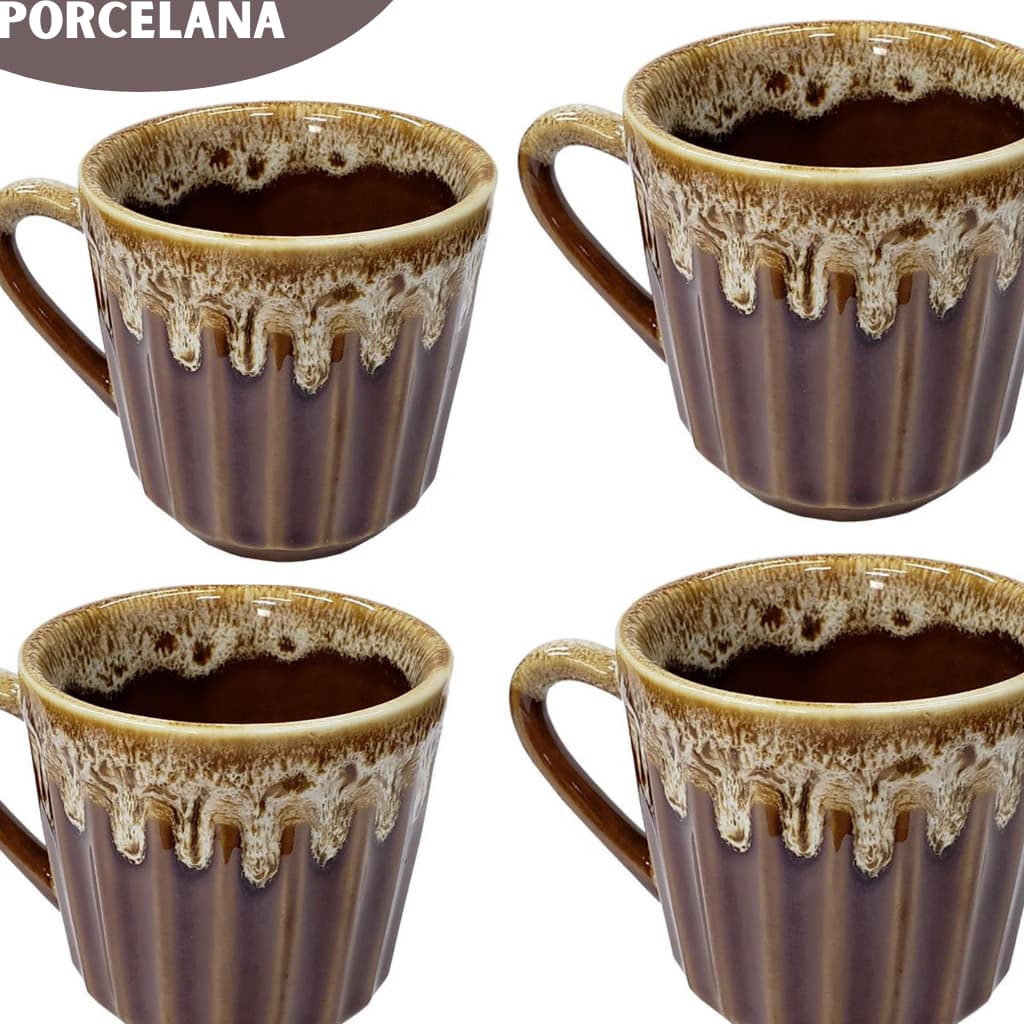 Conjunto de 4 Xícaras Caneladas de Porcelana Para café/chá Canecas Utensílios de Casa