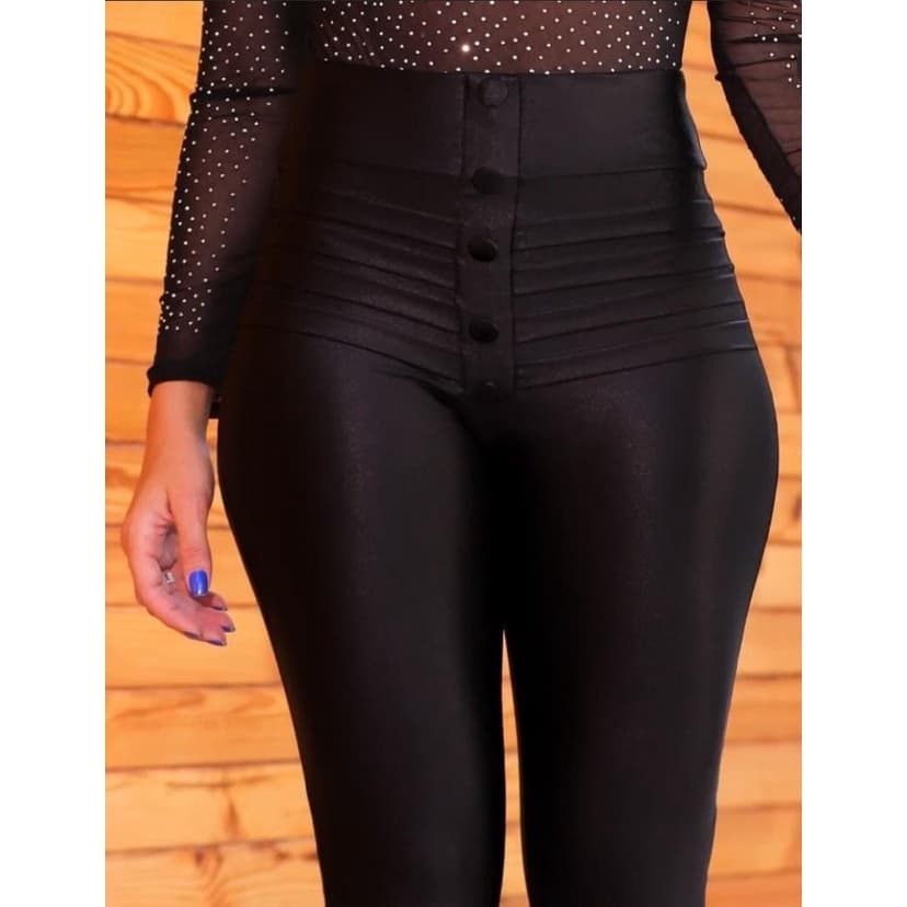 CALÇA FEMININA PRETA COM BOTÕES LIPO LAD POWER LEGGING MODELADORA CINTURA ALTA MODA FEMININA