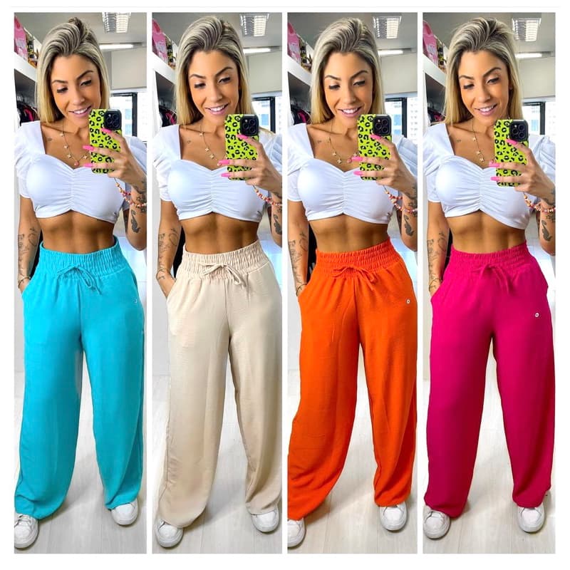 Calça Feminina Pantalona Com Bolso Cintura Alta Moda Lindo Super Envio!