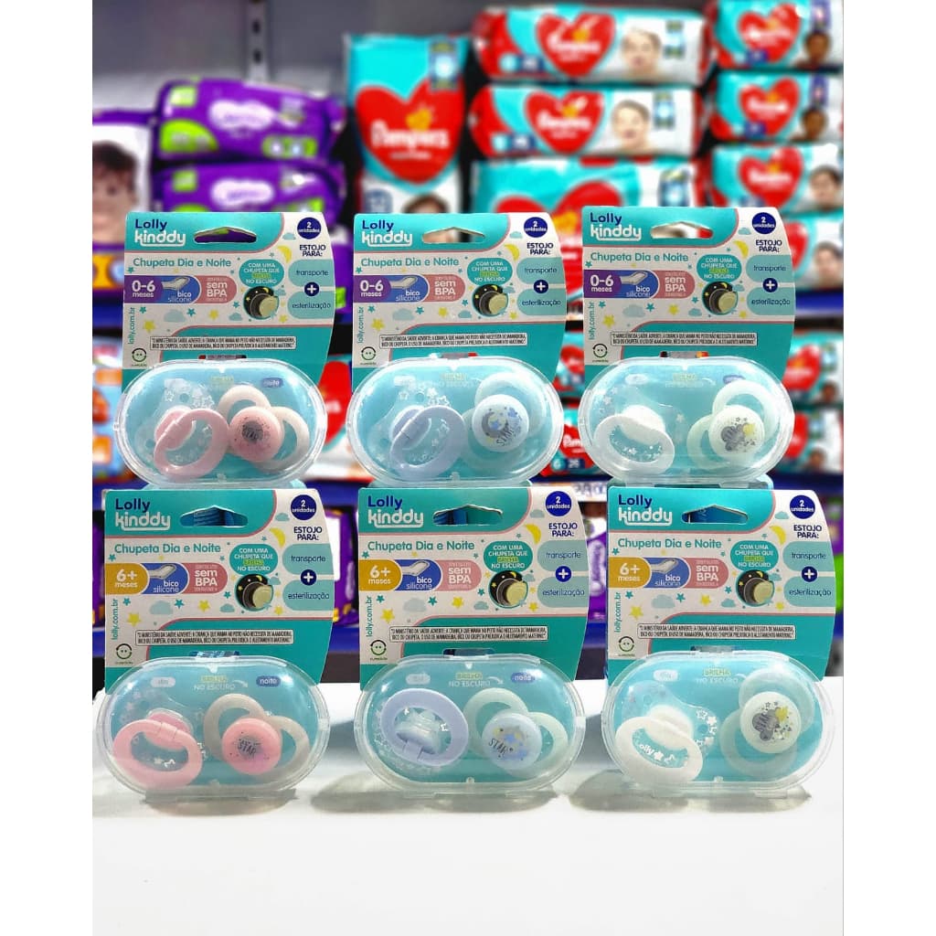 Chupeta Lolly Kinddy Star Dia e Noite, Kit c/2 Un. Tam.1(0 a 6 meses) e Tam.2(6 a 18 meses) Brilha no escuro ORIGINAL