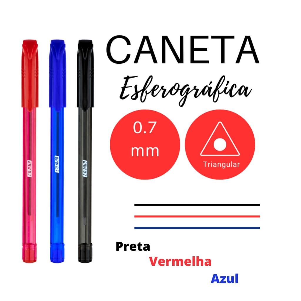 kit 3 Canetas esferográficas 0.7mm Azul Preta Vermelha