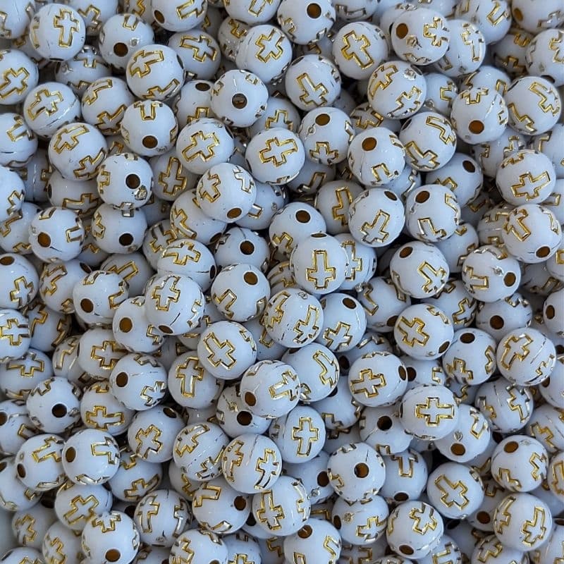 Miçanga Bola Com Cruz - 8mm - Branco/Dourado - Aprox... 500 Pçs