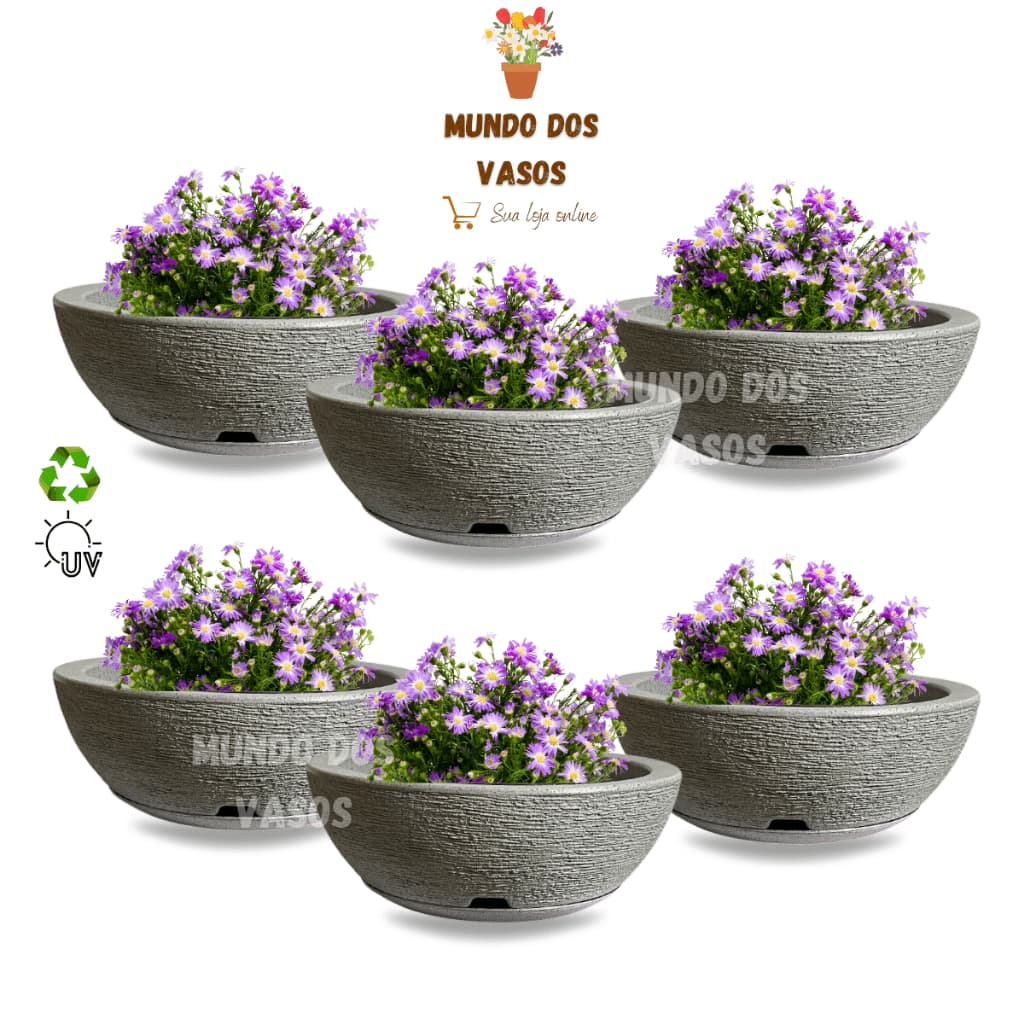 KIT 6 VASOS DE PLANTA BACIA POLIETILENO COM PRATO P GRAFIATO