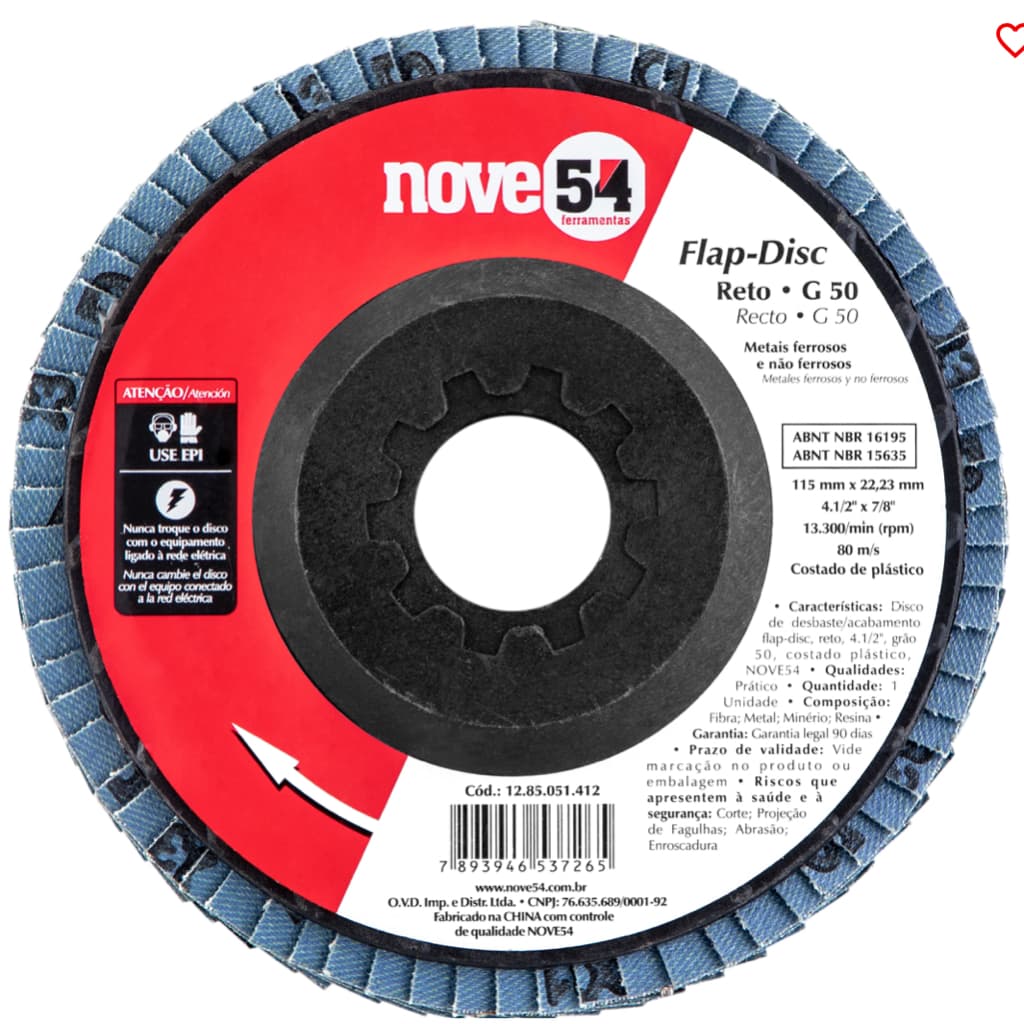 Disco de desbaste/acabamento flap-disc, reto, 4.1/2", grão 50, NOVE54