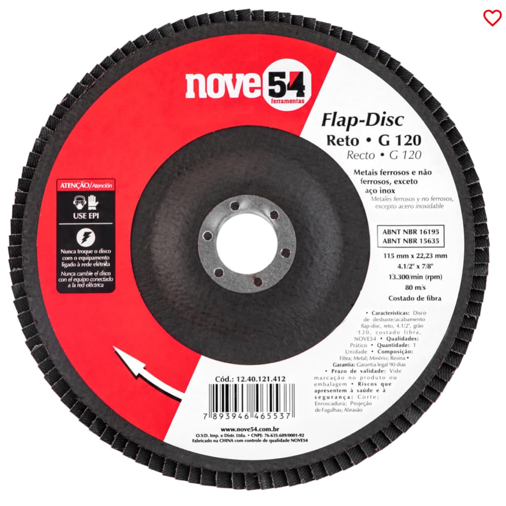 Disco de desbaste/acabamento flap-disc, reto, 4.1/2", grão 120, NOVE54