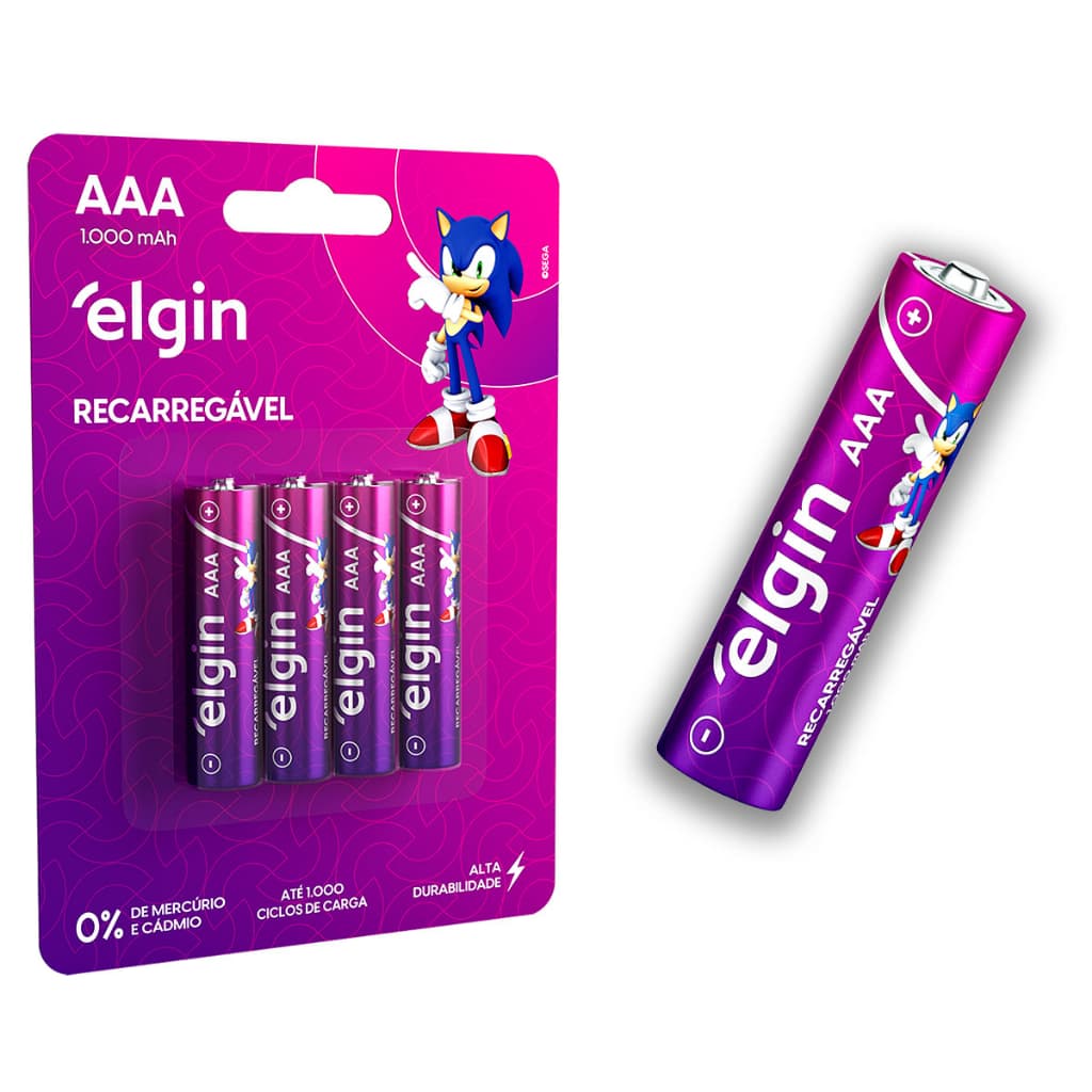 Pilha Recarregavel AAA Elgin Bateria 3A 1000mAh Palito 4 unidades