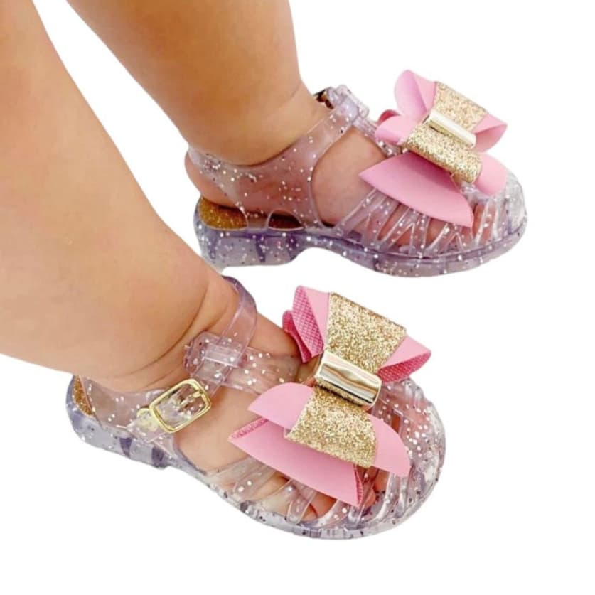 Sandália laço glitter cristal rosa bebê calçados menina antiderrapante alta qualidade Juju Shoes