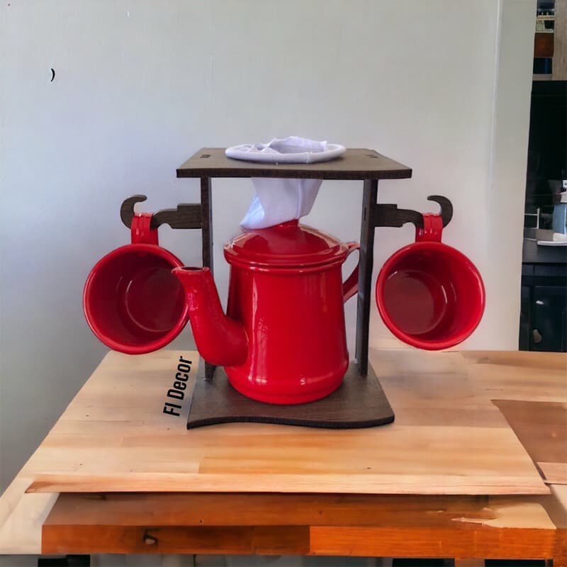 Bule de Alumínio Chá Coador de Café Artesanal Com Suporte e 2 Xícaras