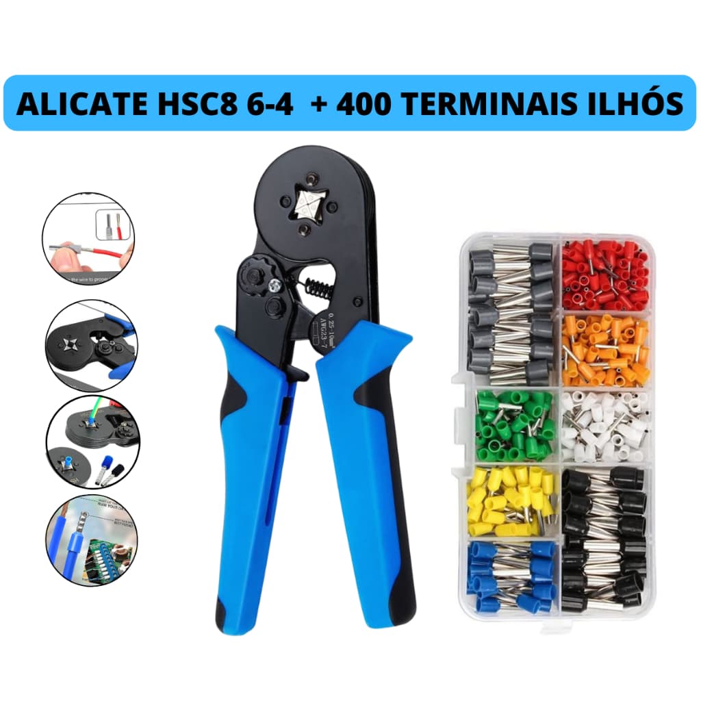 Alicate Crimpar Prensa Terminal Ilhos Tubolar 0,25 Até 10mm² + Caixa com 400 Terminais ilhos 0.5mm² -6mm²