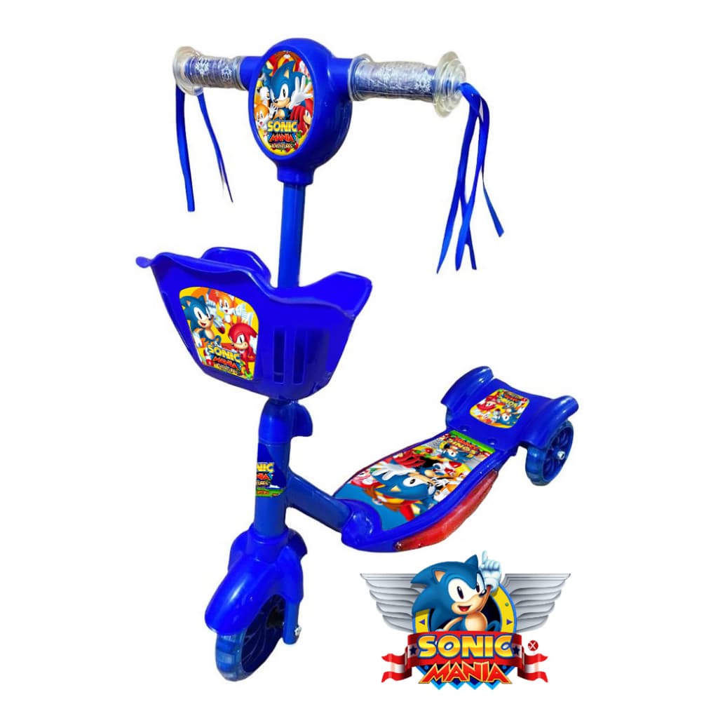 Patinete Infantil Sonic Mania Cesta Luzes Musical 3 Rodas