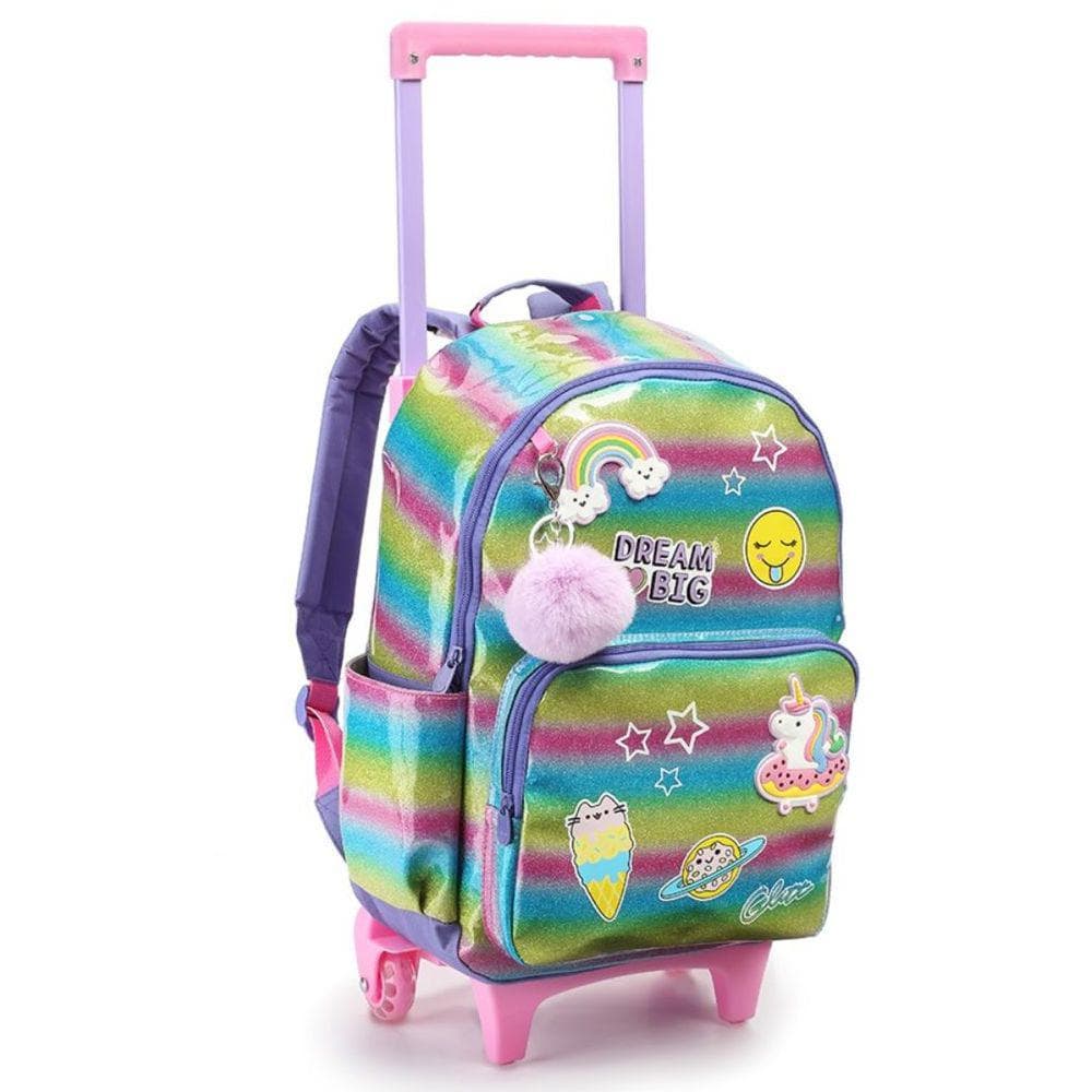 Mochila Escolar Infantil Rodinhas Arco-íris Unicórnio c / lancheira