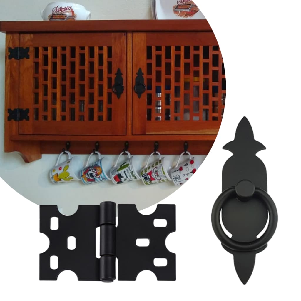 Kit de puxadores 4 unidades chapa rustica e dobradiça mexicana preto fosco móveis rusticos