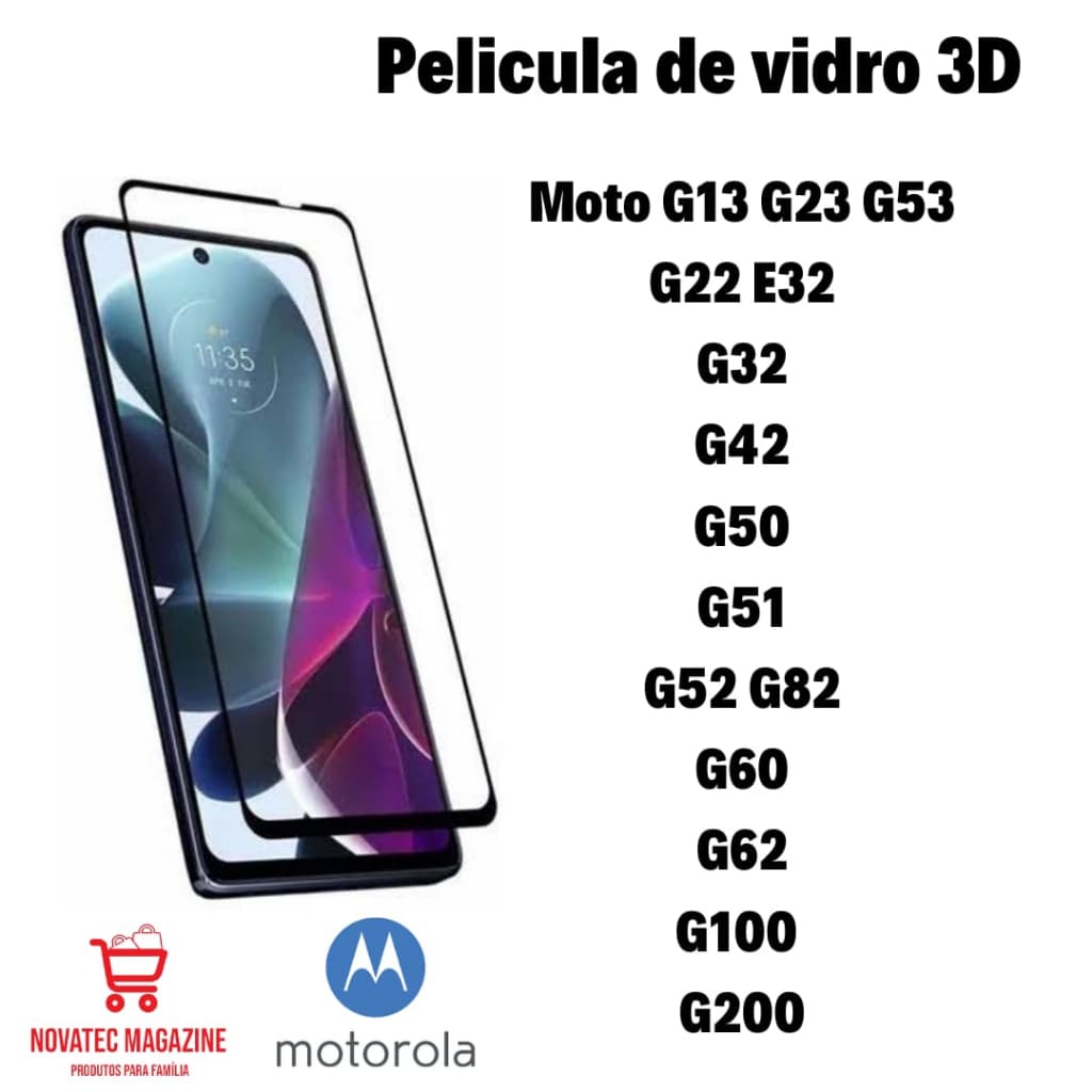 Película de Vidro 3D Protetora de Tela Para Moto G13 / G23 / G53 / G22 / G32 / G42 / G50 / G51 / G52 / G82 / G60 / G60s / G40 Fusion / G62 / G100 / G200 + kit Limpeza