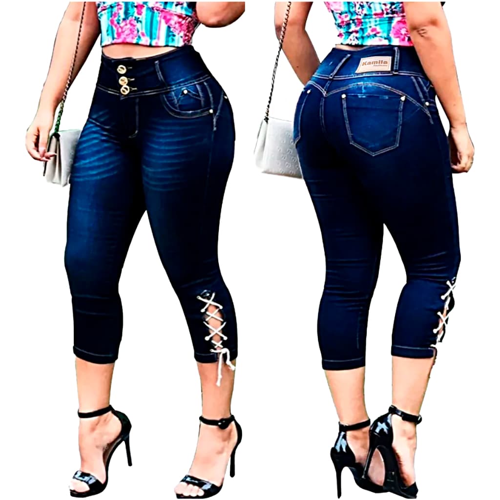 Calça jeans feminina Capri Cos Modeladora cintura alta com lycra